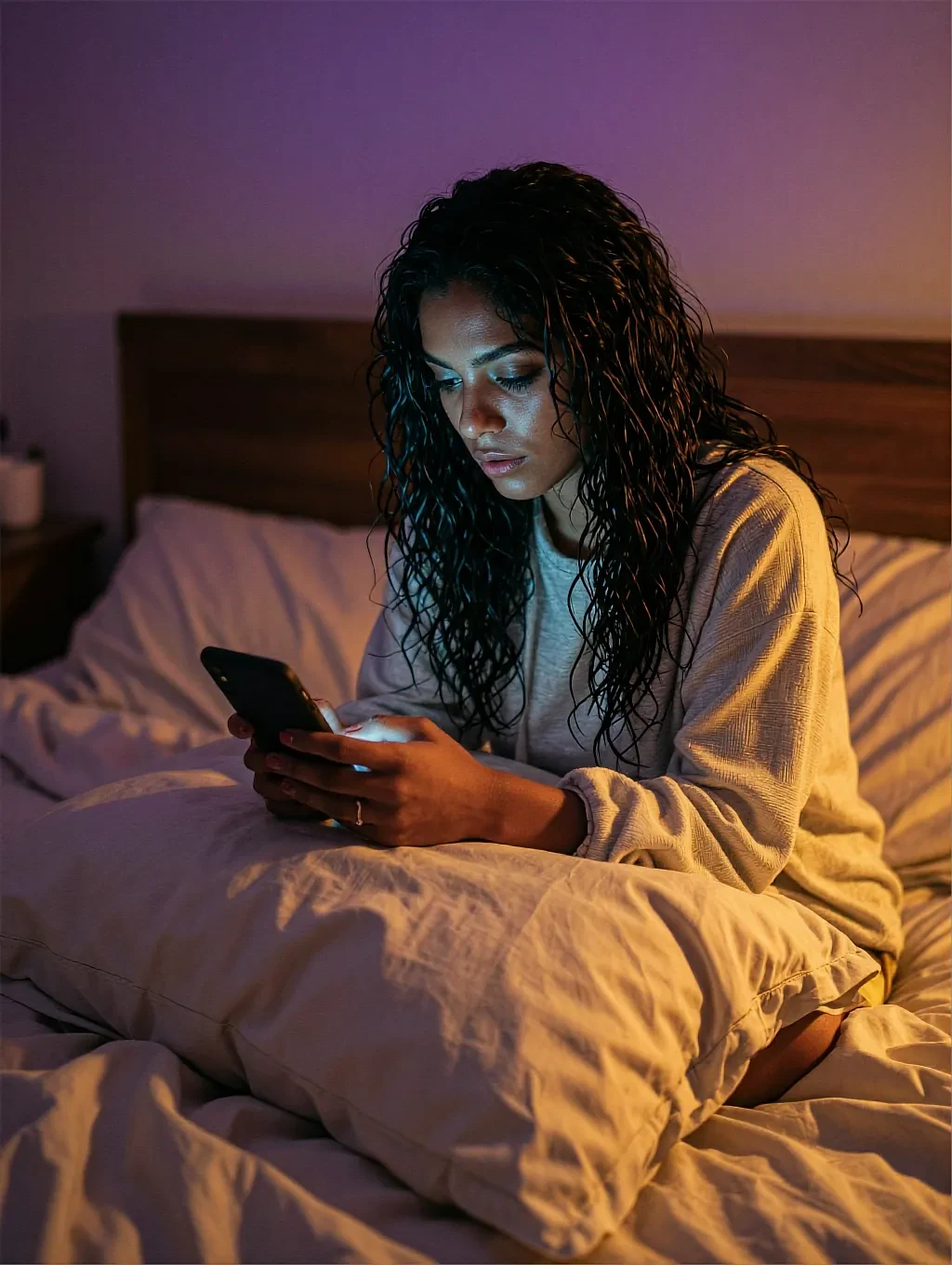 Fictional AI character sitting up in bed with a phone in her hand, warm lamplight and a violet wall behind her