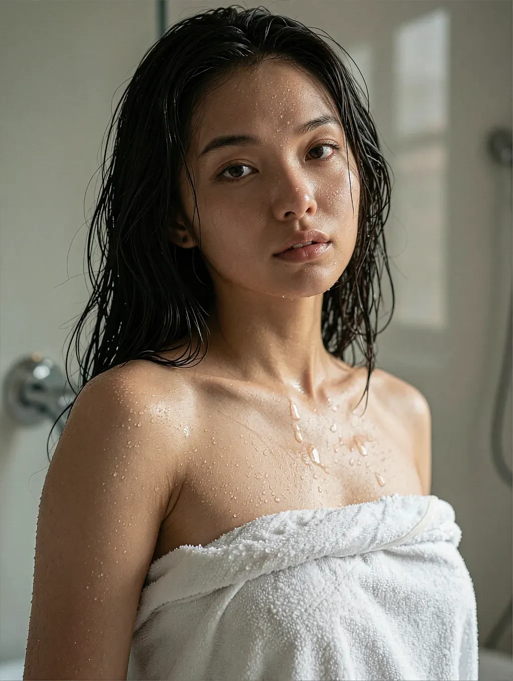 Fictional AI character wrapped in a white towel with wet hair, lit by flat bathroom daylight