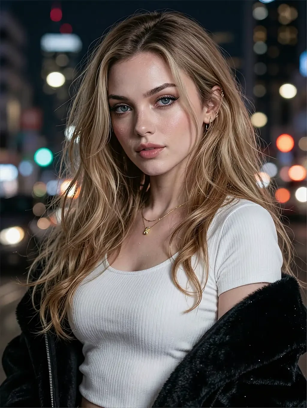 Fictional AI character with long blonde hair in a white top and dark fur coat, city lights blurred behind her